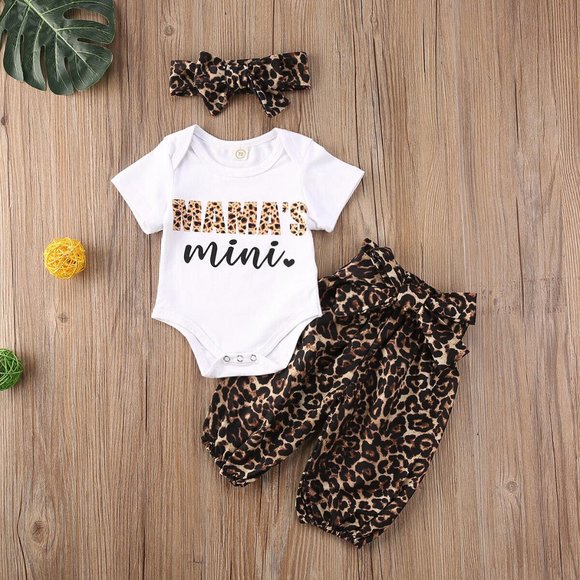 3Pcs Newborn Baby Girl Clothes Set Romper Bodysuit Top Leopard Pants Outfits